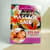 <img src=”Custom-Posters.jpg” alt=”Custom Posters with Lamination with flowers image and a lady at sauna image on the background and "Summer MASSAGE SALE" text in center”>